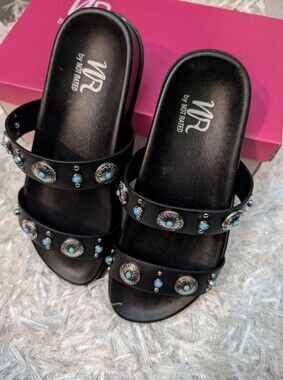 Not Rated Black Slide Sandals with Turquoise Accent Conchos